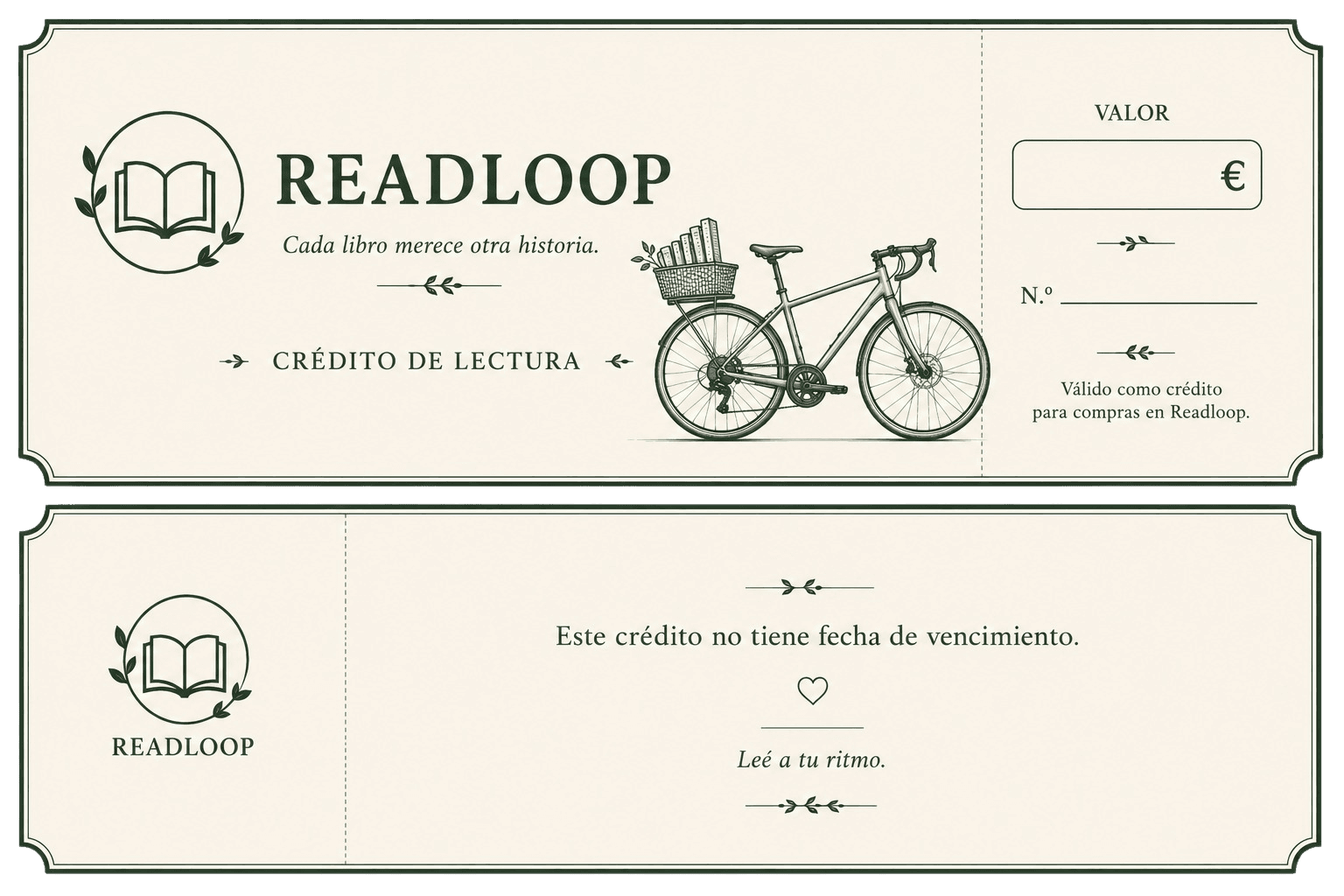 Crédito de lectura Readloop: frente con valor y dorso sin vencimiento